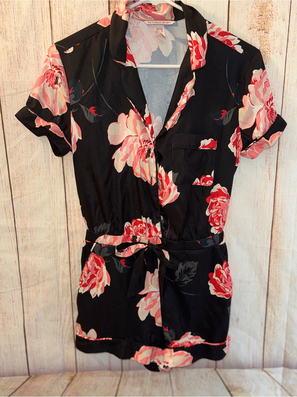 VICTORIA'S SECRET Intimates Black Satin Pink Floral Romper Tie Elastic Waist XS - Picture 3 of 13